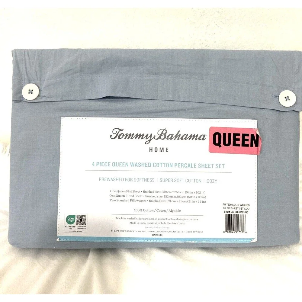 Tommy Bahama Queen Sheet Set 4 Pieces Home Washed Cotton Percale Blue Sky New
